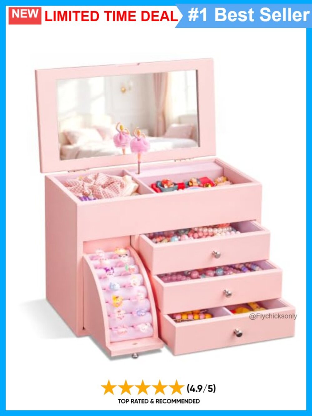 Musical Jewelry Box Solid Wood Ballerina 8-Compartment Storage 3 Drawers